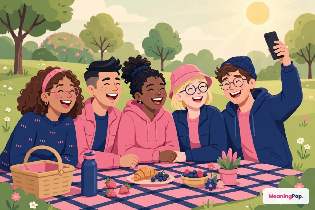 Friends at a picnic laughing together at an inside joke, a classic IYK meaning in text moment