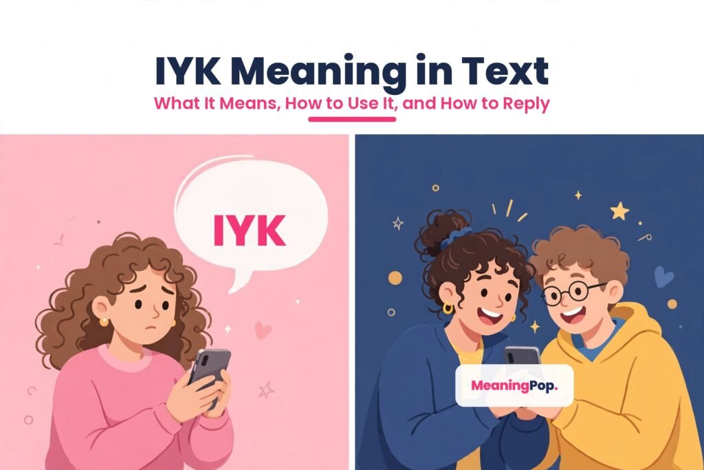 IYK meaning in text explained with a split illustration of a confused texter and friends laughing at an inside joke