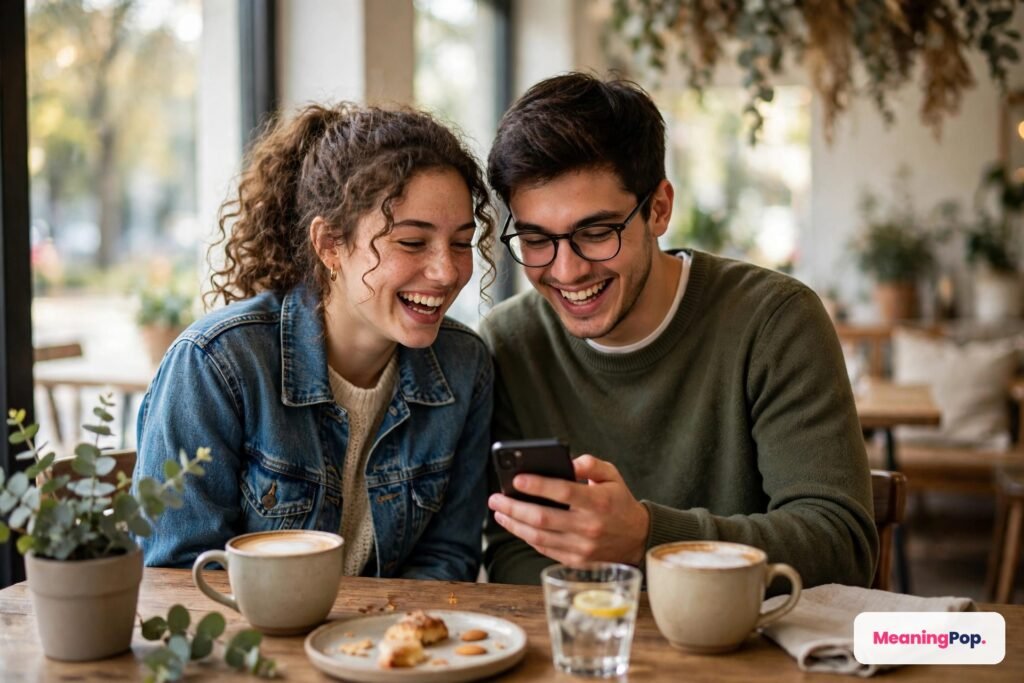 Two friends laughing while looking at a phone together, the natural moment when someone uses IYK meaning in text for an inside joke