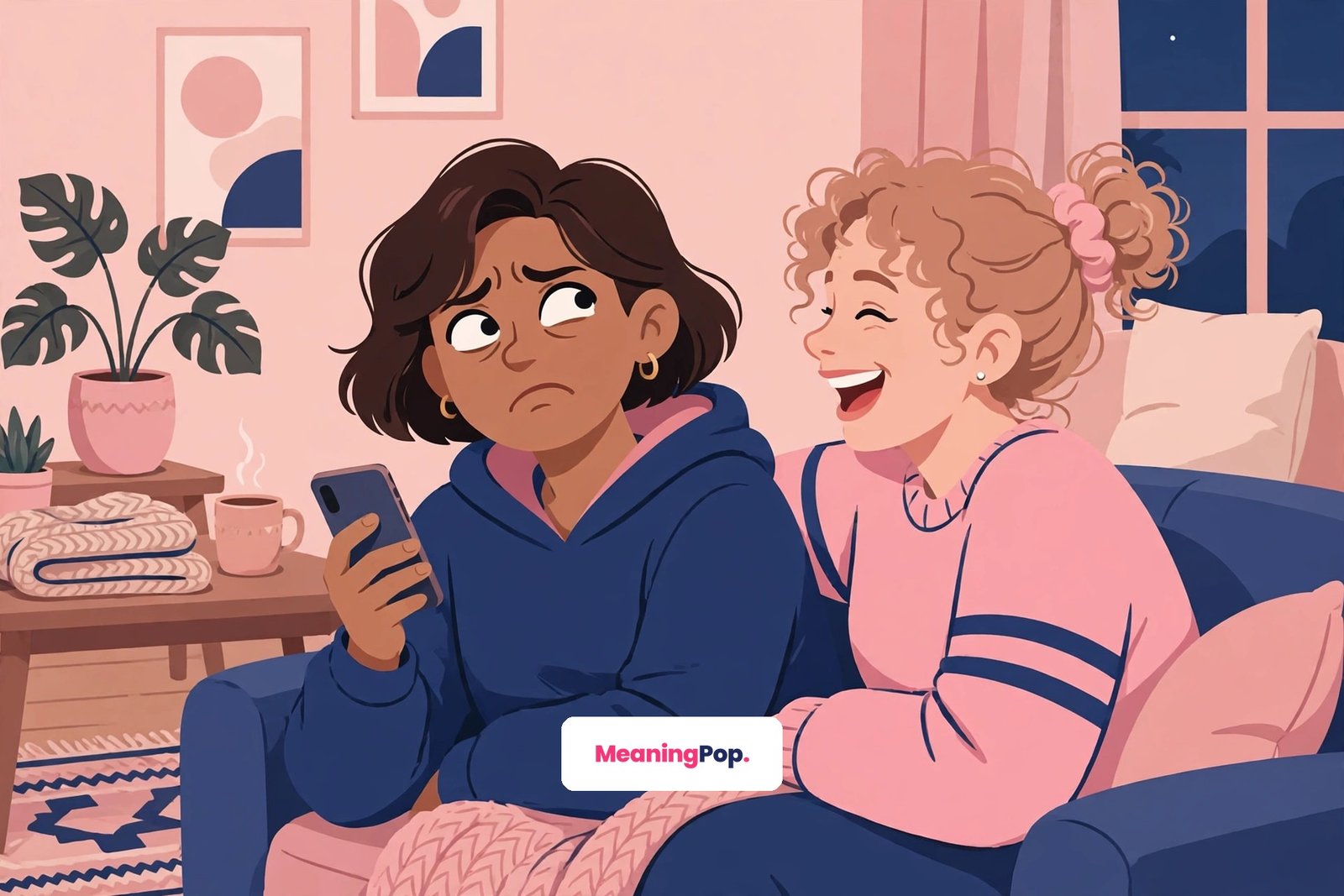 Two friends on a couch, one rolling their eyes at a phone after annoying news, the classic KMT meaning in text chat moment