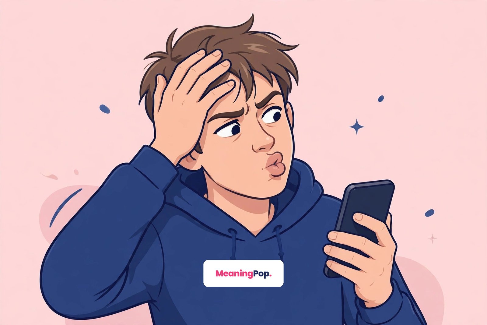 Illustration of a young man making the teeth-suck gesture of annoyance while looking at his phone, showing the real-life KMT meaning in text reaction