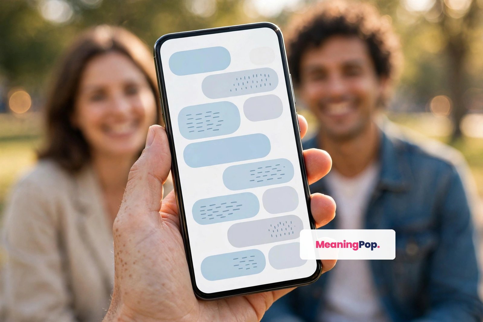 A friend holding a phone showing a chat conversation, the moment someone asks another to send photos in a text chat