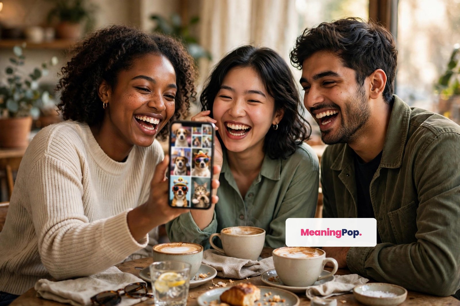 Three friends laughing at a cafe while one shows photos on a phone, the kind of moment that ends with someone typing snd in the group chat